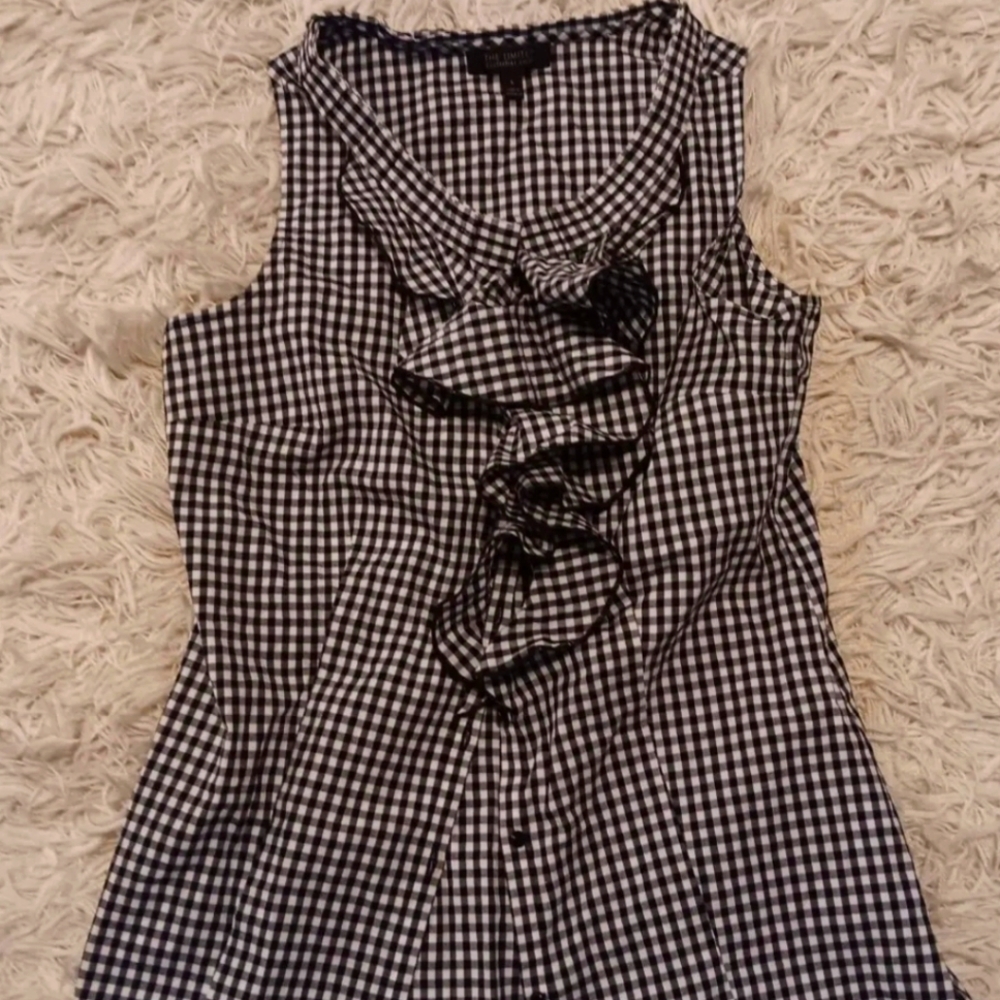 The Limited Women's Essential Shirt Gingham Ruffle Sleeveless Black White SZ S